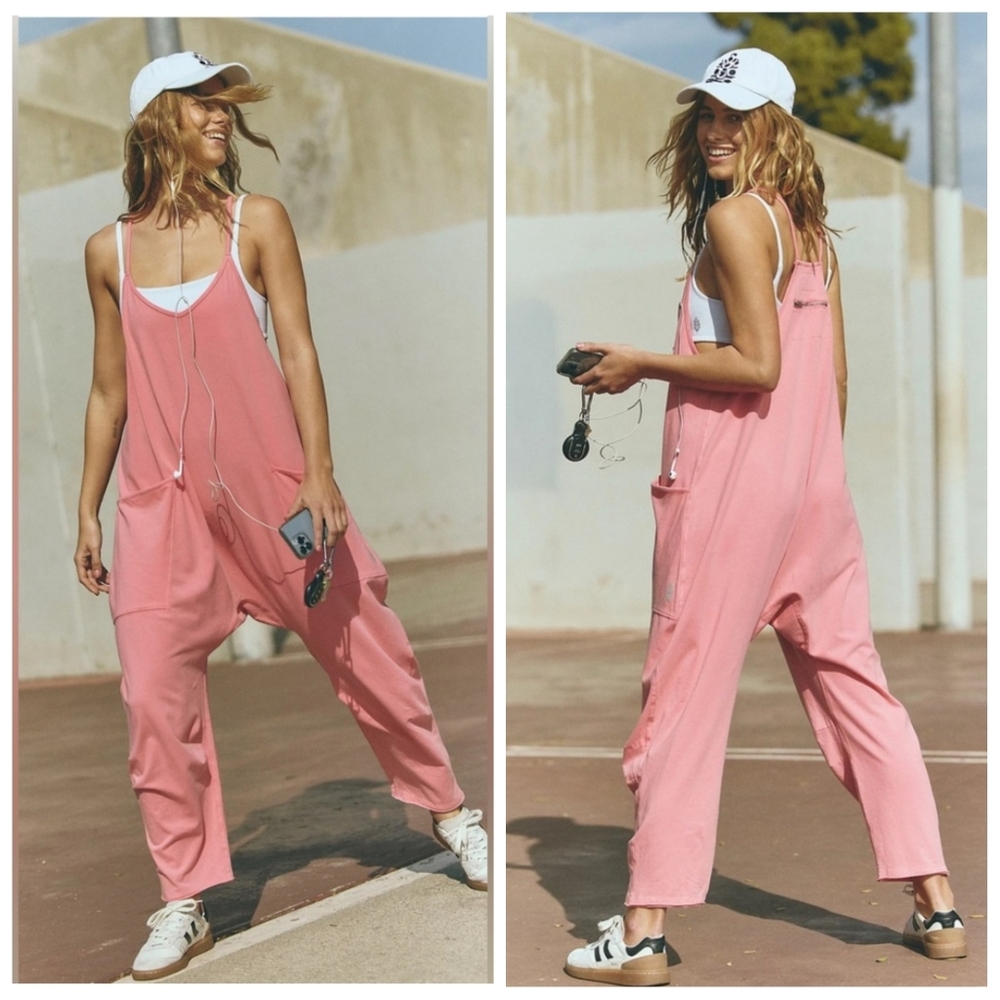 Free People Hot Shot Onesie Pink Jumpsuit Hibiscus Cotton Oversized Lounge L - Picture 2 of 6